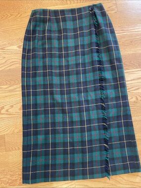 Talbots Green & Navy Plaid Midi Wrap Skirt with Fringe